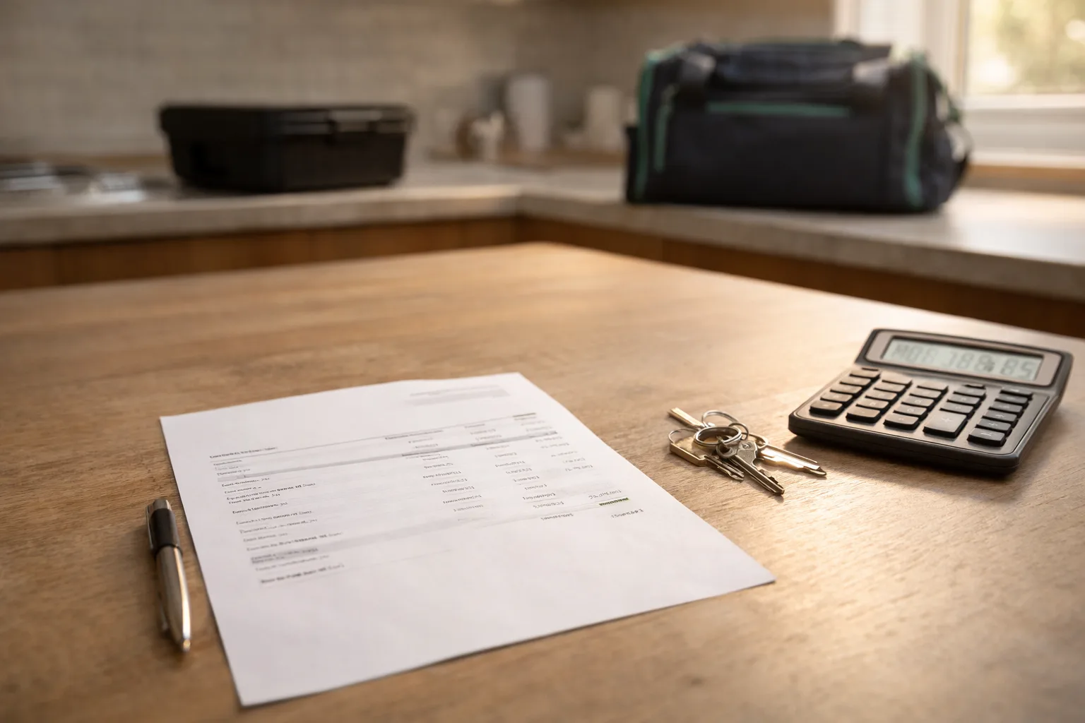Devis de dératisation posé sur une table de cuisine avec calculatrice et clés de maison