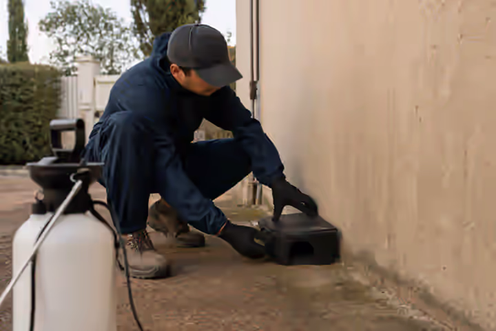 Technicien Certibiocide en intervention de dératisation dans un bâtiment communal d&#39;Occitanie, pose de boîte d&#39;appâtage sécurisée le long d&#39;un mur extérieur