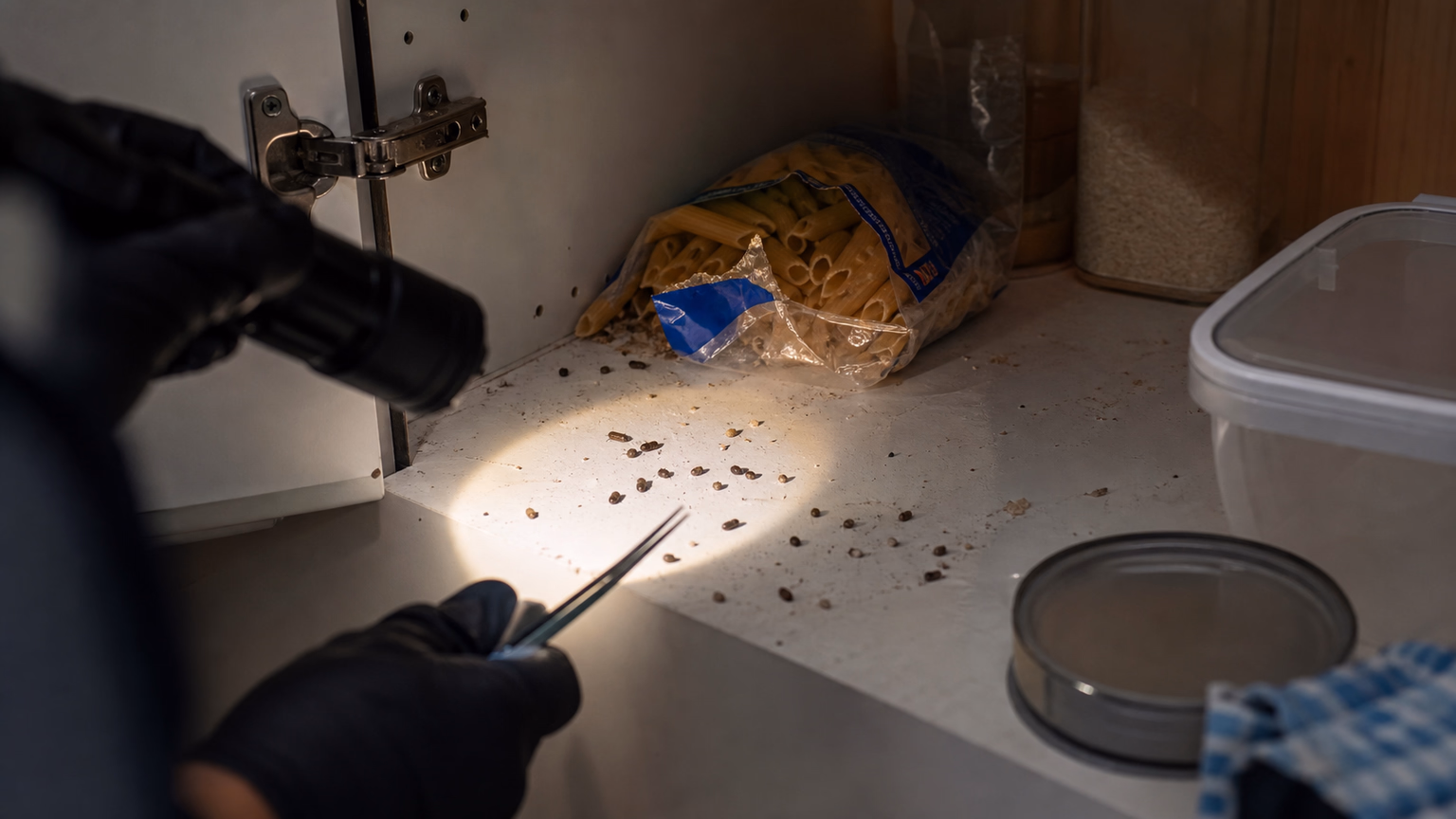 Gros plan sur des traces de rongeurs et un emballage alimentaire rongé au fond d'un placard de cuisine