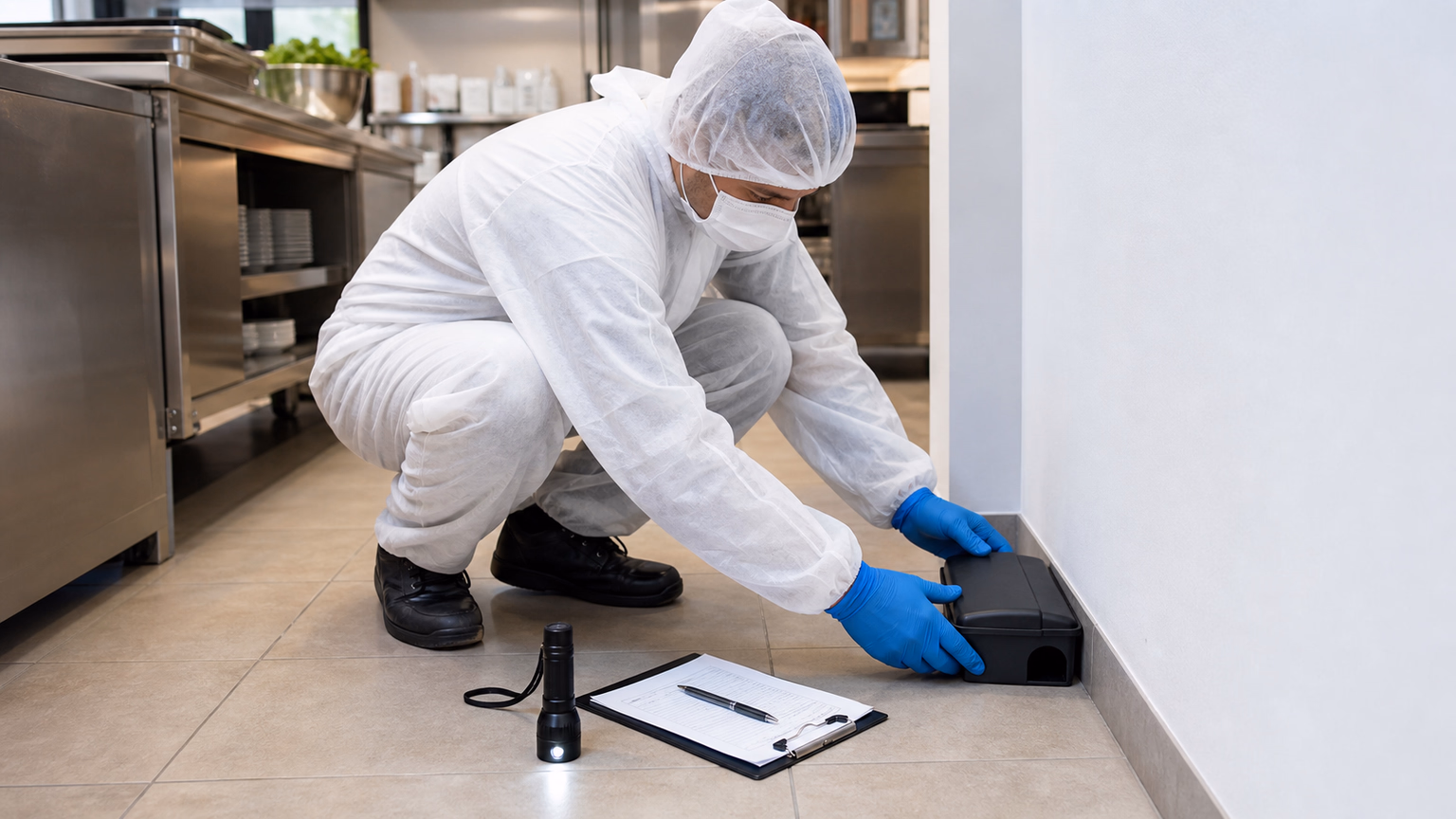 Technicien anti-nuisibles en combinaison blanche installant une boîte d&#39;appâtage sécurisée le long d&#39;un mur dans une cuisine à Albi