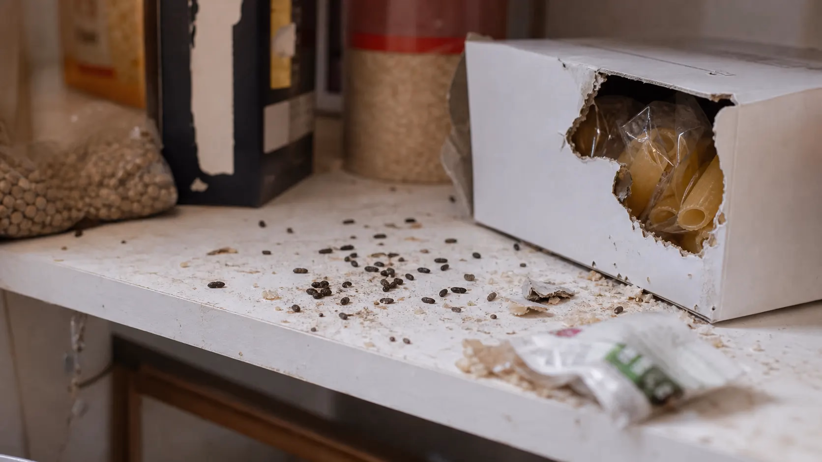Crottes de rongeur et emballage alimentaire rongé sur une étagère de cellier, indice d'infestation