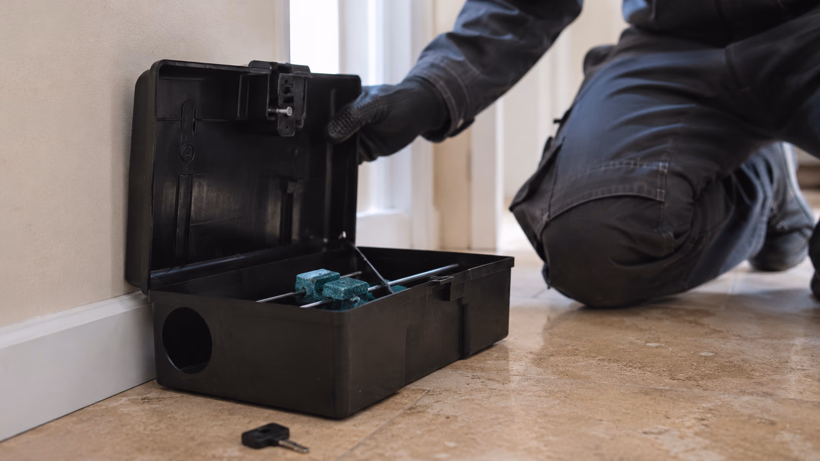 Gros plan d'une boîte d'appâtage noire sécurisée ouverte avec sa clé, posée le long d'une plinthe
