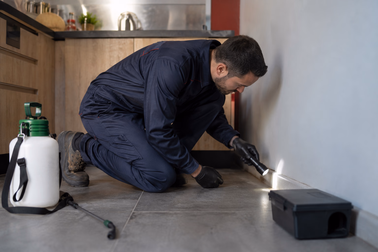 Technicien en tenue professionnelle inspectant le bas d&#39;un mur de cuisine avec une lampe torche, boîte d&#39;appâtage noire posée au sol