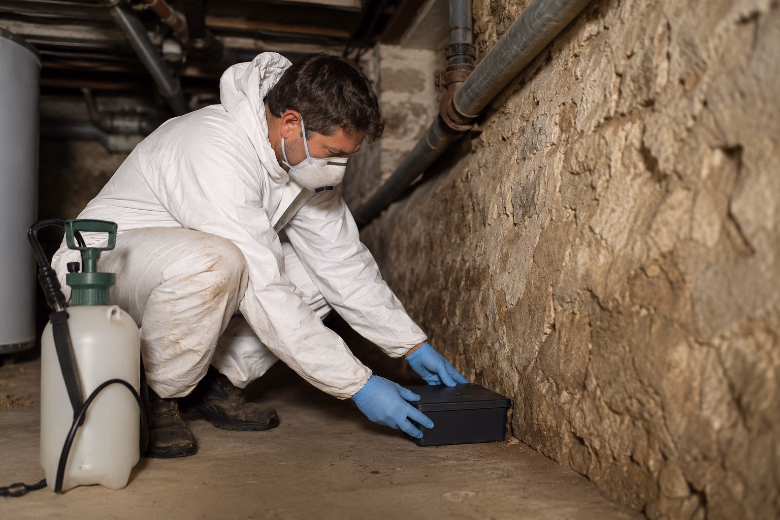 Technicien dératiseur en combinaison blanche posant une boîte d&#39;appâtage sécurisée dans un sous-sol d&#39;immeuble toulousain