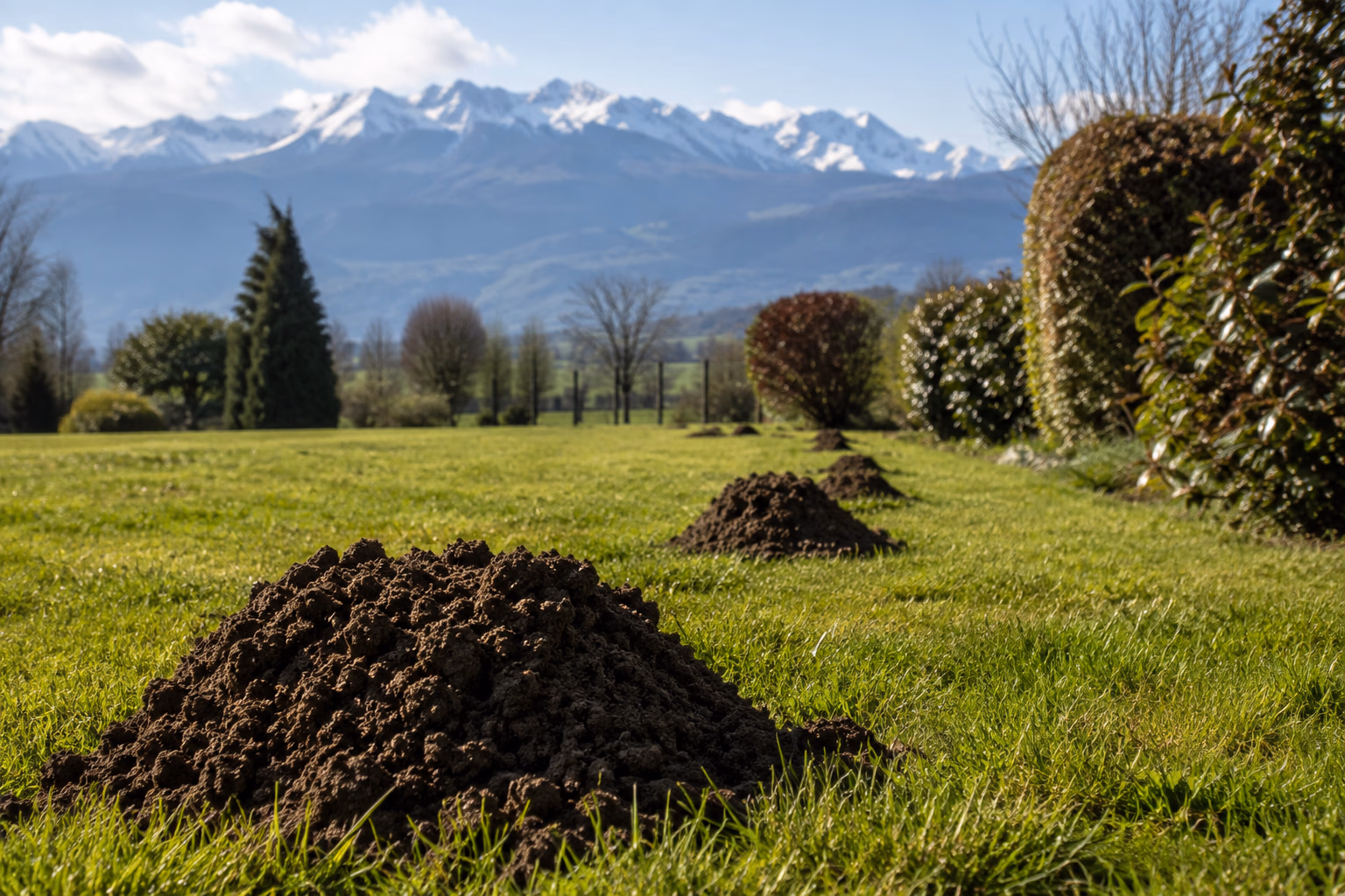Taupinières fraîches alignées sur une pelouse verdoyante à Tarbes avec les Pyrénées en arrière-plan
