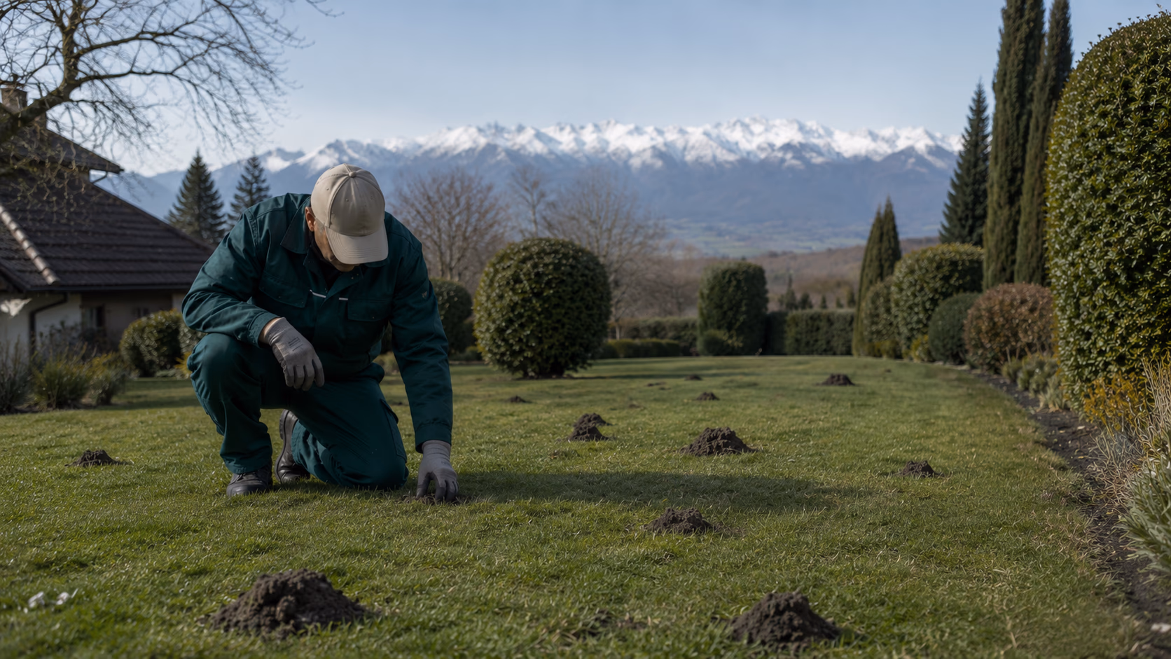 Jardinier inspectant la pelouse d'un jardin tarbais après une intervention anti-taupes