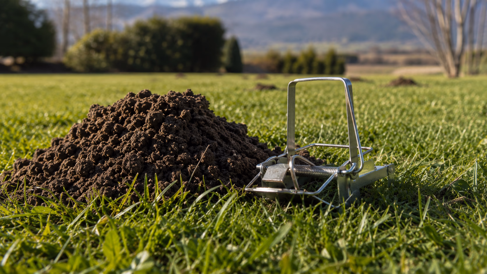Piège à taupe Putange en métal posé à côté d'une taupinière fraîche dans un jardin tarbais