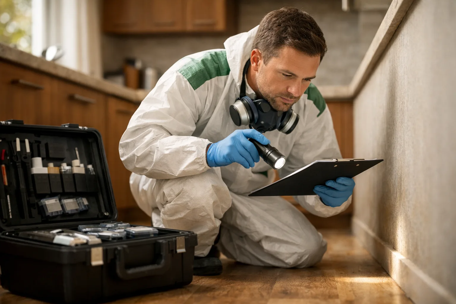 Mains gantées d'un technicien inspectant des traces de rongeurs le long d'un mur avec une lampe torche professionnelle