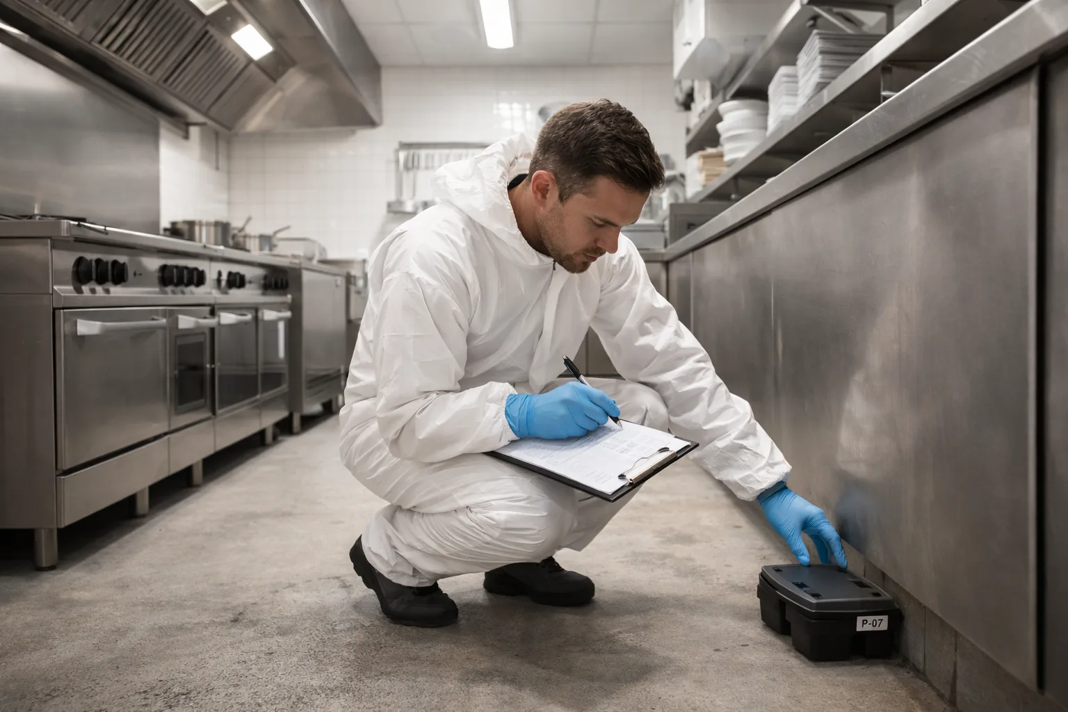 Technicien en combinaison blanche posant un poste d'appâtage numéroté dans une cuisine de restaurant professionnelle