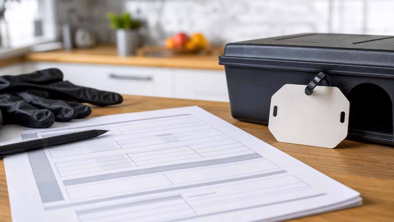 Gros plan d'un rapport d'intervention papier posé sur une table de cuisine, mention "Délai de réintégration : immédiat" visible et étiquette de poste d'appâtage à proximité