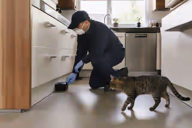 Cuisine familiale rangée avec un poste d&#39;appâtage sécurisé noir discret le long d&#39;une plinthe, un chat tigré qui passe à proximité sans pouvoir accéder à la boîte