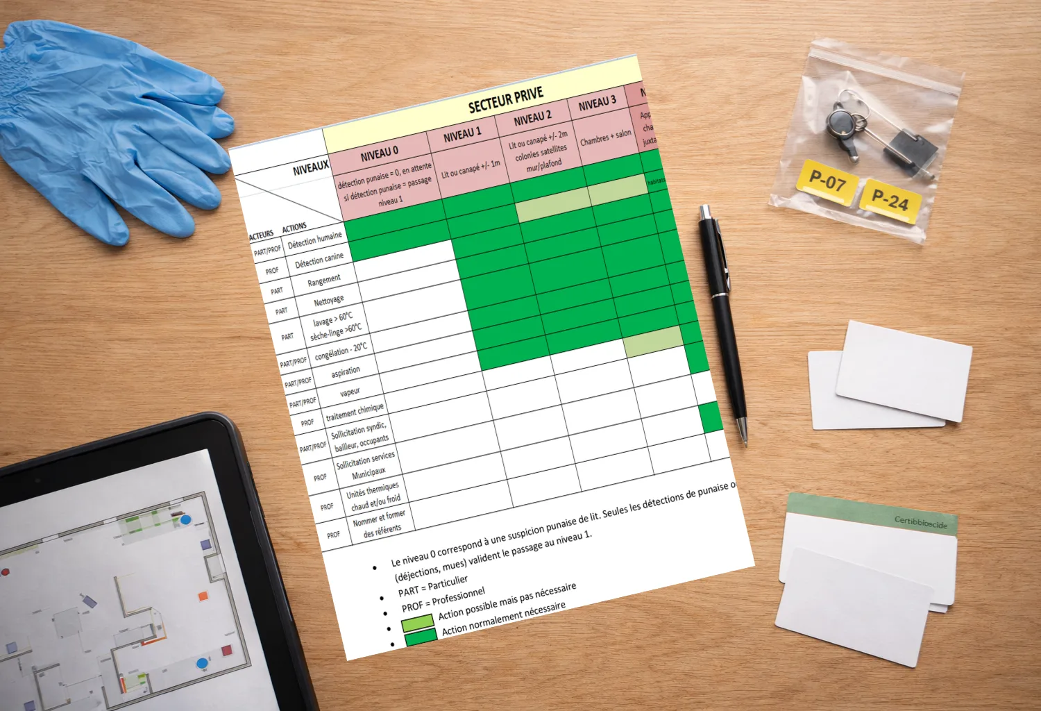 Équipement professionnel de dératisation : rapport d'inspection, gants, clé de poste d'appâtage et plan d'implantation