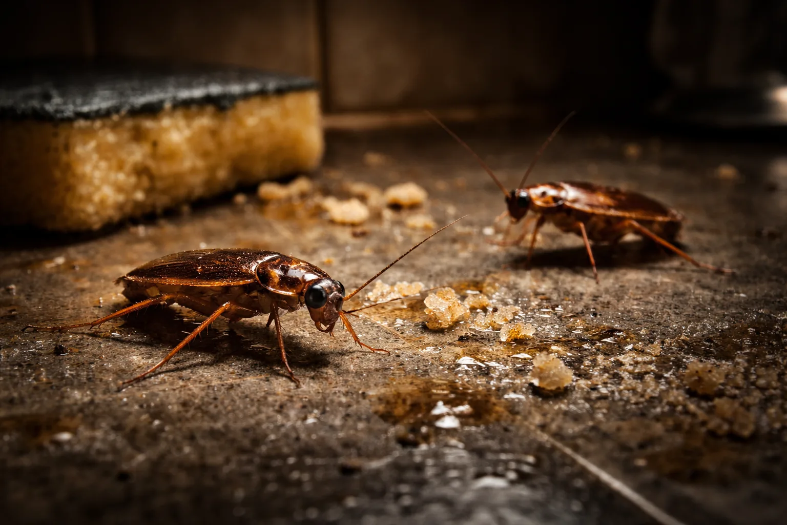 Blattes germaniques sur un plan de travail de cuisine la nuit