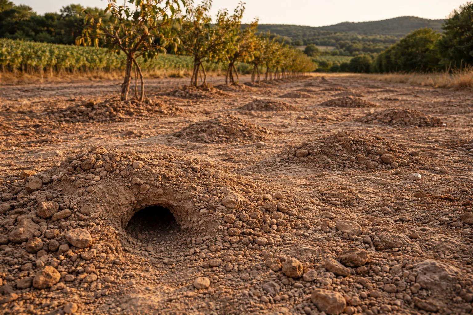 Parcelle agricole en Occitanie avec dégâts de rongeurs fouisseurs et taupinières